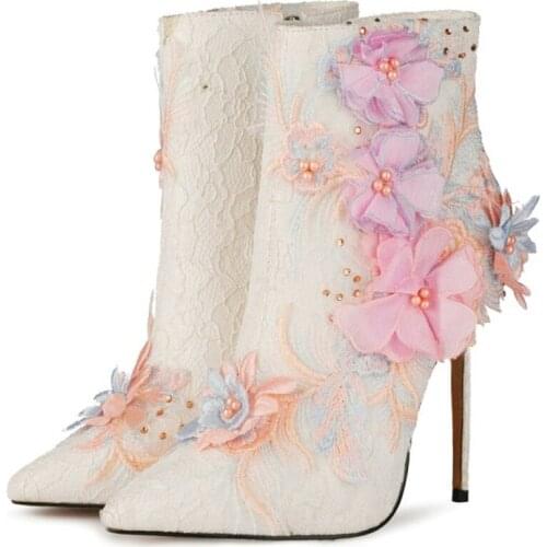 OLOMLB Womens Flowers Embroidery DIY Lace Ankle Boots Stilettos High Heel Side Zip Wedding Bridal White Sweet Shoes Plus Size