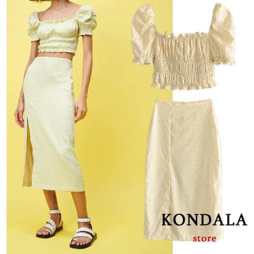 KONDALA Za Chic Yellow Floral Women Sets Beach Ruffles Croset Cropped Tops Mujer Summer Blouse and High Waist Split Long Skirts