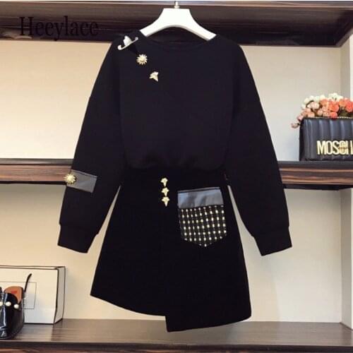 Plus size Women Autumn Winter Runway Skirt Suit Female Rivet Top and Skirt Two Piece Set Ladies Elegant Matching Black Outfits