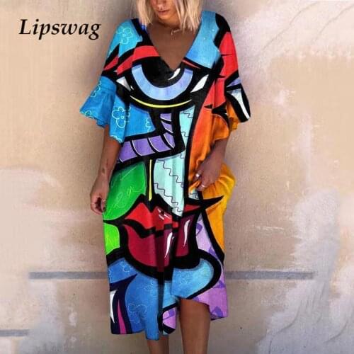 Summer Short Sleeve V Neck Casual Dress Women Vintage Print Loose Beach Dresses 2021 Ladies Elegant Fashion Dress Chic Vestidos