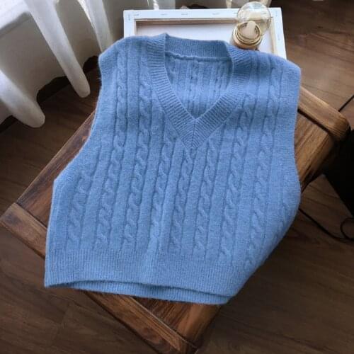 Vest Women Solid Loose Korean Student Sleeveless Knitted V-Neck Autumn Sweater Vest Female Coats Simple Outwear Pullover Tops