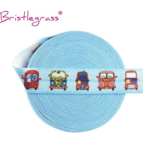 BRISTLEGRASS 100 Yard by Roll 5/8" 15mm Blue Cartoon Car Print FOE Foldover Elastic Spandex Satin Band Hair Tie Dress DIY Sewing