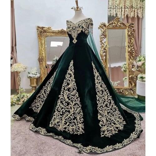 2021 Off Shoulder Arabic Evening Dresses Velvet Prom Dress Gold Lace Moroccan Kaftan Green Muslim Abaya Gown