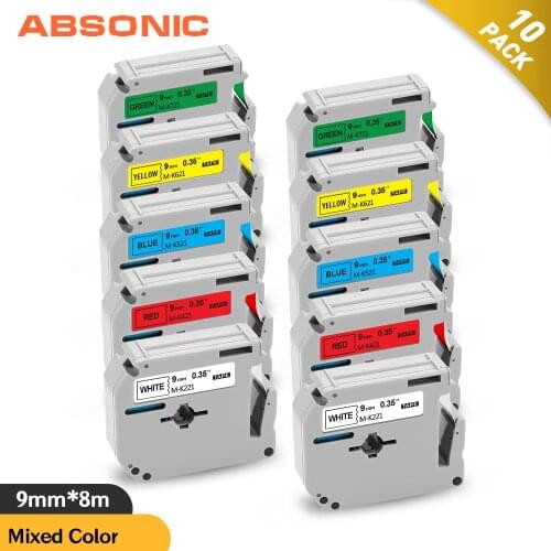 Absonic 10PK Mixed Color MK-221 9mm M Tape MK 221 M-K221 Printer Ribbon Compatible for Brother P-touch PT-45M PT-80 Label Makers