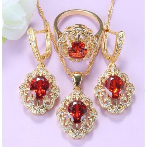 Flower Accessories Red Garnet Necklace And Earrings Bridal Sets Gold-Color African Women Jewelry