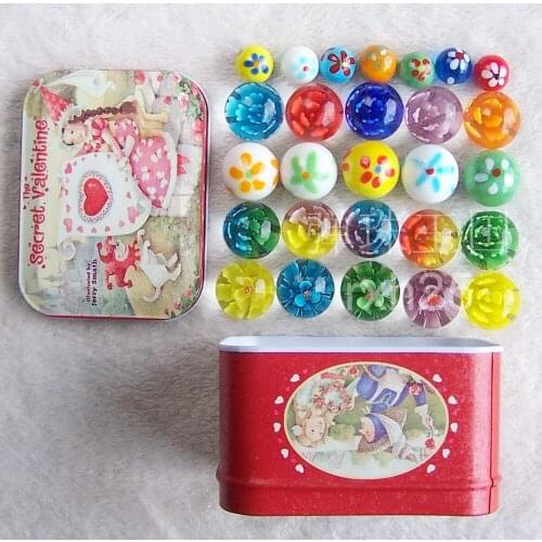 Free shipping 28pcs/lot Flower design marbles 16mm 25mm ball glass vase decoration with tin box package