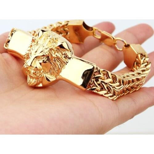 Granny Chic Top Quality Lion Head Figaro Rolo Chain Bracelet for Men Stainless Steel Gold Tone Hip Hop Cuff Jewelry 22cm