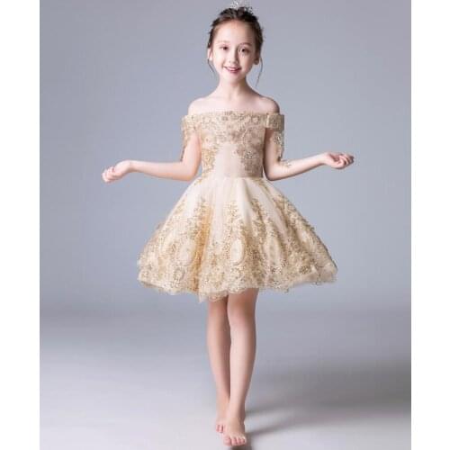 Glizt Gold Tulle Sequin Girls Summer Dress Strapless Flower Girl Dress for Wedding Party Pageant Princess First Communion Gowns