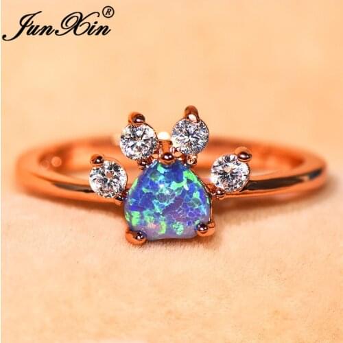 Dainty Rainbow Animal Bear Dog Cat Paw Rings For Women Rose Gold Blue White Purple Fire Opal Ring Wedding Band Thin Ring Jewelry