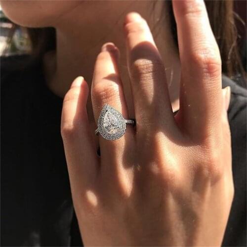 Water Drop Wedding Ring Band Trendy Pear Shaped Cubic Zircon Stone Paved Silver Plated Party Ladies Wedding Bridal Ring Gift New