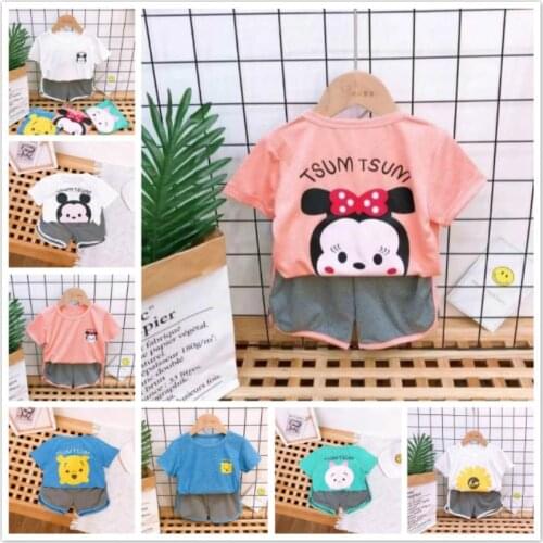 Children Clothes Sets Baby Boys Summer Cartoon Mickey Minnie Pooh Short Sleeve T Shirt+Shorts 2 PCS Set Kids Girl Costume Outfit