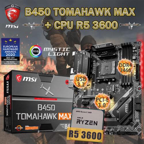 AM4 MSI B450 TOMAHAWK MAX Motherboard + CPU AMD Ryzen 5 3600 Set DDR4 64Gb 3466 M.2 PCI-E 3.0 USB3.2 Placa-mãe Desktop AMD B450