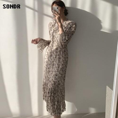 Korean One-Piece V-Neck Chiffon Print Dress 2021 Summer New Fashion WomenS Clothing Vintage Elegant Pleated Casual Ladies Dress