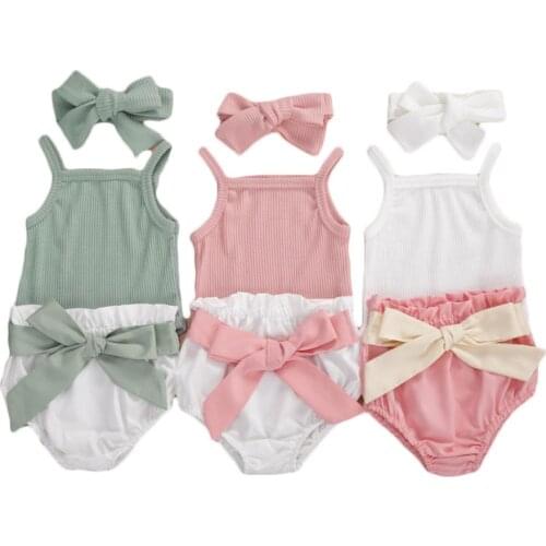 2020 Infant Newborn Girls 3 Pcs Outfits Suits Sleeveless Knit Romper Tank Top + Bowknot Shorts + Bow Headband 0-24M