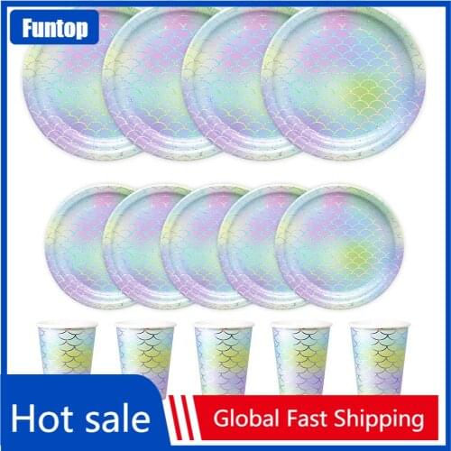 Cute Mermaid Party Disposable Tableware Set Paper Cups Plate Kids Birthday Party Decorations Mermaid Balloons Baby Shower Favors