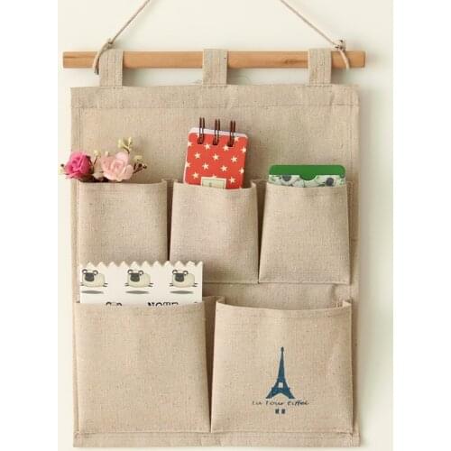 5 Pockets Wall Hanging Storage Bag Jute Linen Kitchen Bathroom Storage Tool Cosmetic Sundries Organiser Organizador
