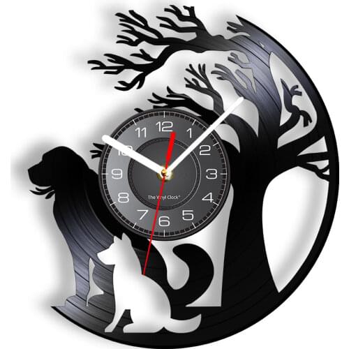Dogs Under The Tree Wall Art Home Decor Wall Clock Puppies Silhouette Vinyl Record Wall Clock Vintage Gift For Dog Owners Lovers