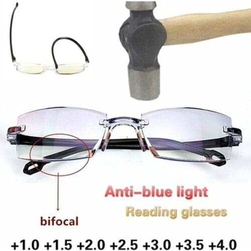 2021New Men Women Rimless Reading Glasses Anti Blue Light Far Near Magnification Eyewear Presbyopic Glasses +150 +200