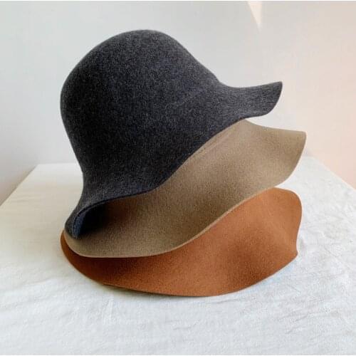Autumn Winter Warm 100% Wool Bucket Hat Women Vintage Solid Color Fisherman Hat British Style Crimping Woolen Hat