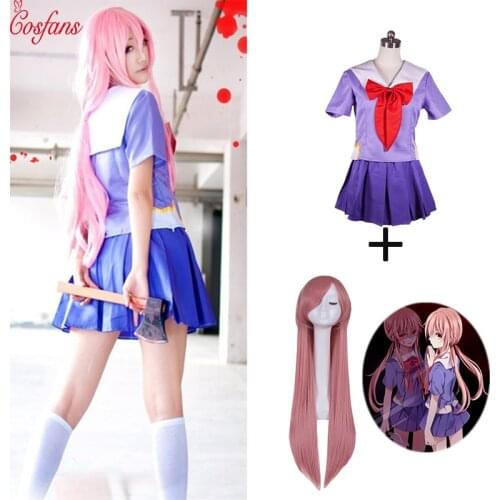 Drop Shipping Cosplay Popular Future Diary Gasi Yuno Mirai Nikki School Uniform women Girls Cosplay Costume Wig sailor costume