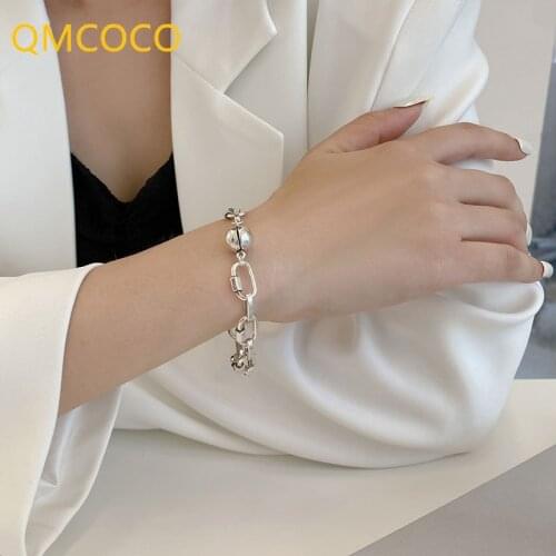 QMCOCO 925 Silver Thick Chain Round-Shape Bracelets For Women Fashion Vintage Ball Button Thai Silver Party Jewelry Gifts