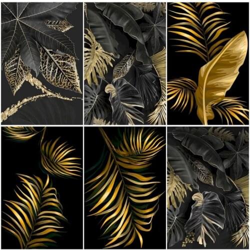 Paint By Numbers Art For Adults Children Black Gold Leaf Diy HandPainted Oil Painting Landscape Picture Home Wall Decor Gift Set