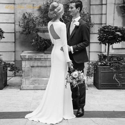Simple Elegant Long Sleeve Wedding Dress Bateau Neck Open Back Mermaid Plain Design Bridal Gowns with Sweep Train