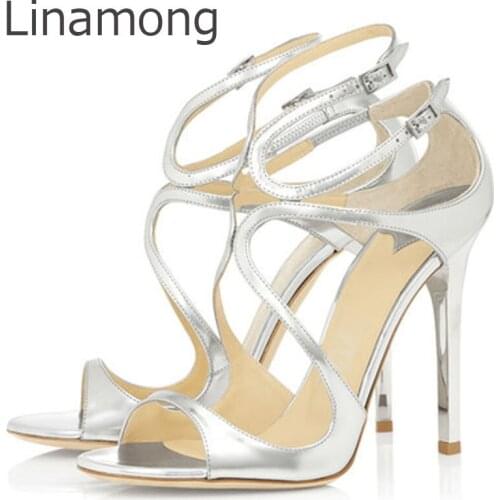 Metal Mirror Shiny Leather Strappy Dance Sandals Women Party Shoes Woman Open Toe Cut-Outs Buckle High Heels Gladiator Sandals