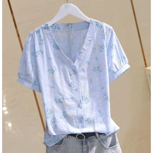 100% Cotton Women Shirts Summer New V-neck Floral Short-sleeved Slim All Match Female Shirts Outwear Tops