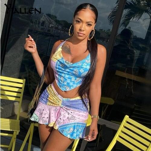 Yiallen Summer Sexy printing 2Two Piece Sets Women Sleeveless Camisole + Folds Mini Skirt 2021 Street Casual Wear Skirt Suits