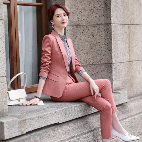 IZICFLY New Style Autumn Spring Red Striped Trouser And Jacket Blazer Two Piece Set Work Elegant Business Office Women Pant Suit