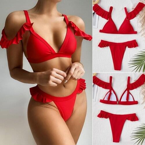 Womens Solid Color Lotus Leaf Sleeve Ladies Split 2-Piece Swimsuit Red