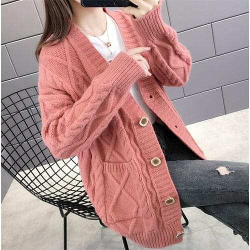 2020 Autumn Knitted Sweater Women Cardigan Fashion Single-breasted Mid-long Thick line Sweater Knitwear Loose Ladies Tops G462