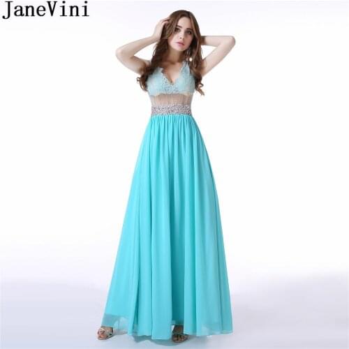 JaneVini Sexy See Through Long Bridesmaids Dresses For Wedding Beaded Lace Chiffon Party Gown V-Neck Floor Length Formal Dress