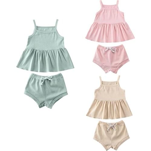 2PCS Infant Baby Girl Clothes Solid Sleeveless Tops Dress+Shorts Pants Outfits