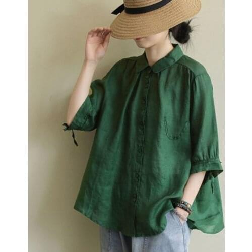 #2017 Summer Green Pink Cotton Linen Shirt Half Sleeve Loose Casual Linen Shirt For Women Vintage Fashion Peter Pan Collar