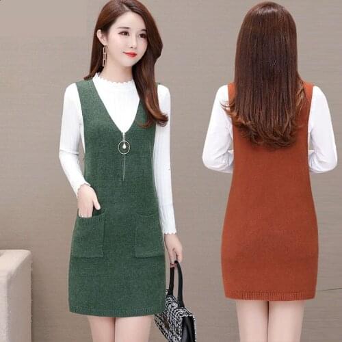 2021 Autumn Winter Women Vest Sweater Dress Korean Fashion Sleeveless Pullover Bottoming With pocket Female Knit Sweater Dress