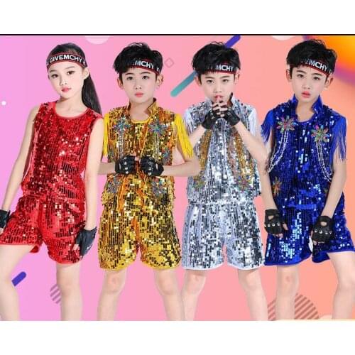 Kids Sequined Hip Hop Carnival Clothing Sleeveless Jacket Tops Streetwear Shorts For Girls Boys Modern Jazz Dance Costume 3 Pcs