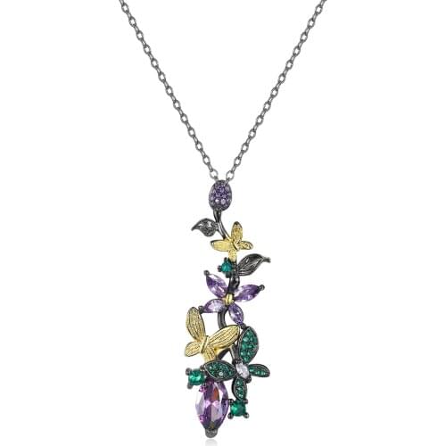 CIZEVA Elegant Purple Zircon Crystal Butterfly Flower Pendant Necklace for Women Retro Black Gold Charms Choker Italy Jewelry