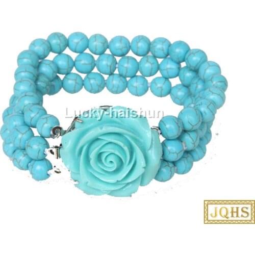 JQHS 8" 3row 8mm round turquoises bead Bracelet flower clasp j12638