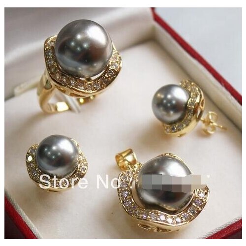 Set 10mm and 14mm gray size Shell earrings beaded necklace Ring 7 8 9>>> Free shipping