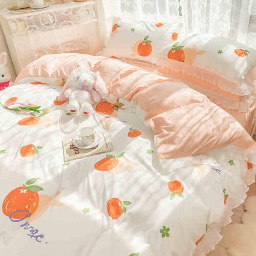 New Sweet Peach Bed Fitted Sheet Set 100% Cotton With Pillow Cover Lace Flat Bed Sheets AB Double Sided Pattern Queen King Size