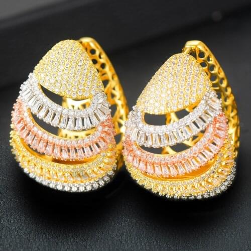 LARRAURI Elegant Full Micro Pave Zirconia Stone Gorgeous Rose Gold Color CZ Crystal Women Long Big Hoop Earrings