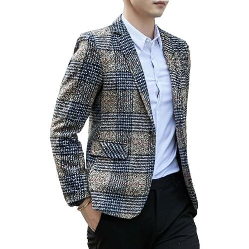 Plaid Men Blazers Autumn 2021 Terno Masculino Casual Business One-Button Slim Fit Khaki Gray Suits Jacket Men Blazer Homme