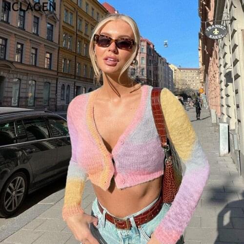 NCLAGEN Women Cardigans Sweater V Neck Long Sleeve Single Breasted Slim Crop Cardigan Knitwear Coat Street Fashion Casual Tops