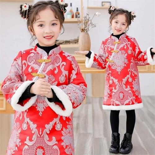 New Years Clothing Red Dress for Girls Qipao Tang Suit Chinese Traditional Childrens Cheongsam Embroidery Floral Print Winter