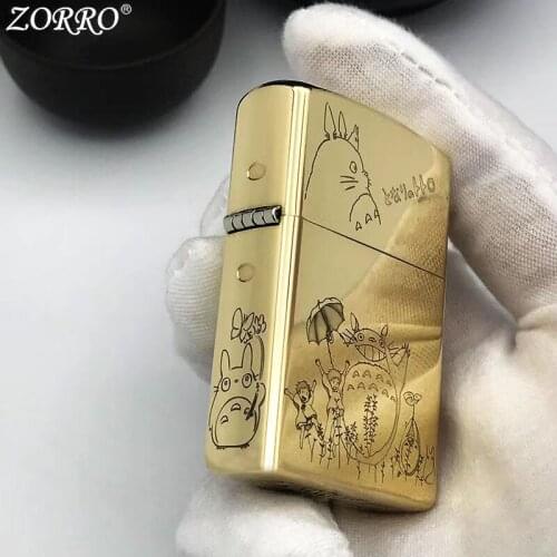 Original Zorro Kerosene Lighter Pure Copper Brass Carving Classic Cartoon Cat Business Gift Collection Outside Ignition Tool