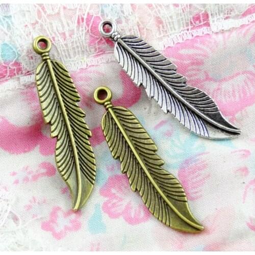 40Pcs Feather Charms Double-Sided 45.4*11.2MM DIY Jewelry Pendant Fit Bracelet Necklace Vintage Antique Silver Plated Bronze