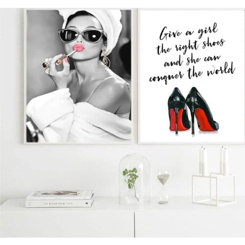 Classic Star Portrait Makeup and Shoes Posters Prints Canvas Painting Black and White Wall Art High Heels Picture for Home Decor