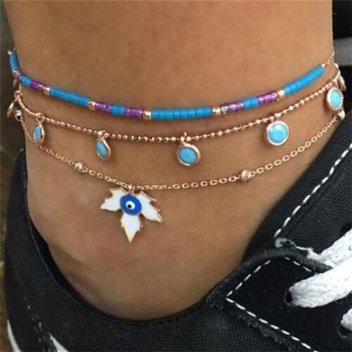 HI MAN 3 Pcs/Set Bohemian Mix Maple Leaf Evil Eye Acrylic Handmade Beaded Anklet Women Fashion Elegant Birthday Jewelry